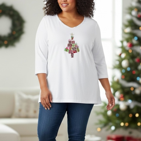 Quacker Factory White Embroidered Rhinestone Christmas Tree Knit Top Size 2X - Picture 1 of 11